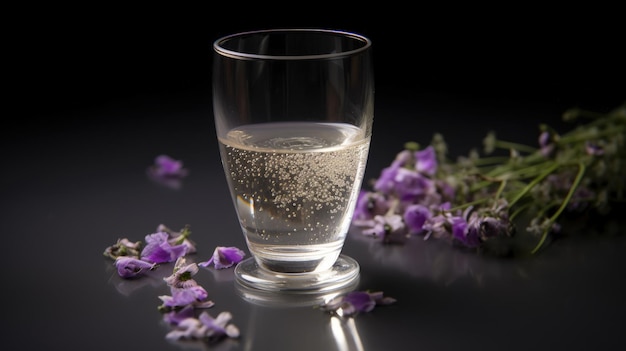 Foto een glas gevuld met water naast paarse bloemen