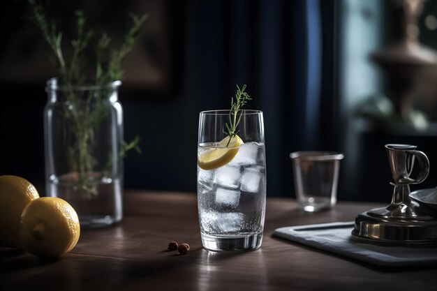 Een glas gin-tonic op een tafel met een citroen erbij.