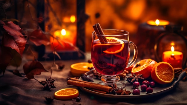 Een glas glühwein met kaneelstokjes voor een vuur.