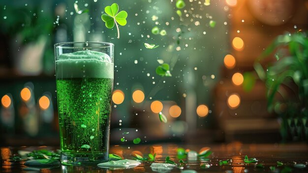 Een glas groen bier op de bar. Ontwerp voor St. Patrick's Day.