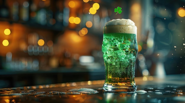 Een glas groen bier op de bar. Ontwerp voor St. Patrick's Day.