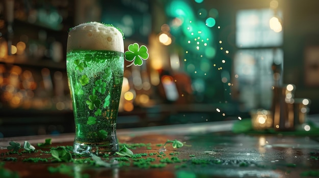 Een glas groen bier op de bar. Ontwerp voor St. Patrick's Day.