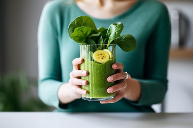 Foto een glas groene smoothie in vrouwelijke handen detox dieet en gezond eten