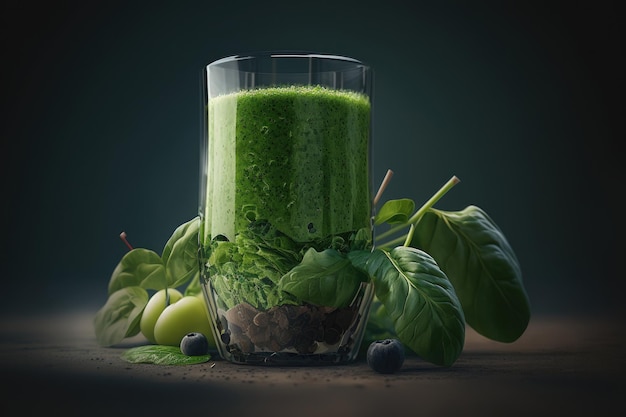 Een glas groene smoothie met een donkere achtergrond en bosbessen.