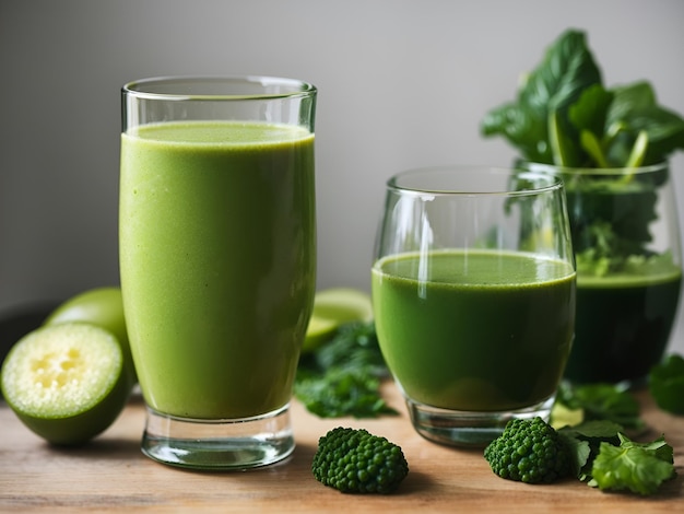 Een glas groene smoothie naast een glas groen sap op tafel