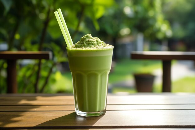 Een glas groene thee met een rietje erin