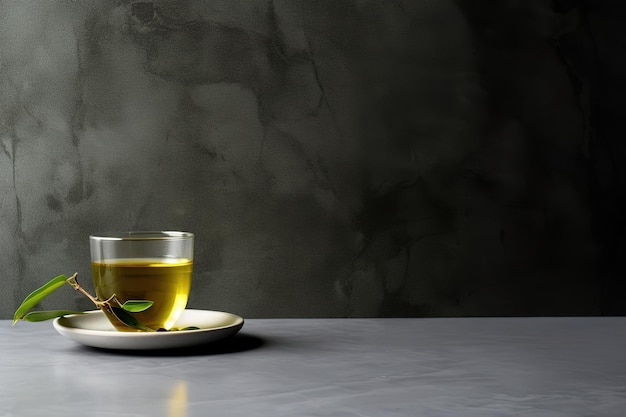 Een glas groene thee staat op een schoteltje naast een kopje thee.