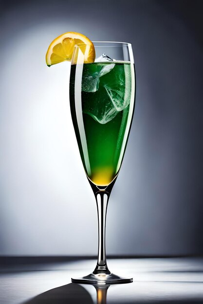 Een glas groene vloeistof met een citroen erop.