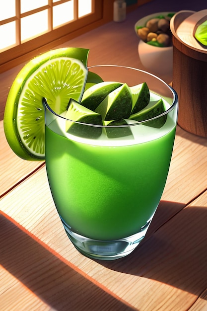 Een glas heerlijke groene kiwi fruit drank op de keukentafel