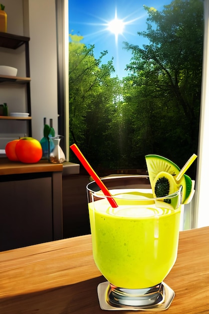 Een glas heerlijke groene kiwi fruit drank op de keukentafel