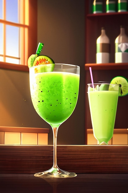 Een glas heerlijke groene kiwi fruit drank op de keukentafel