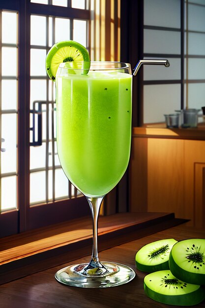 Een glas heerlijke groene kiwi fruit drank op de keukentafel