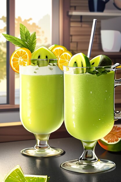 Een glas heerlijke groene kiwi fruit drank op de keukentafel