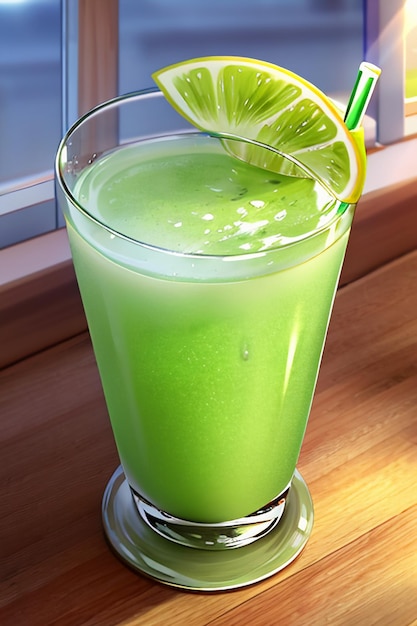 Een glas heerlijke groene kiwi fruit drank op de keukentafel