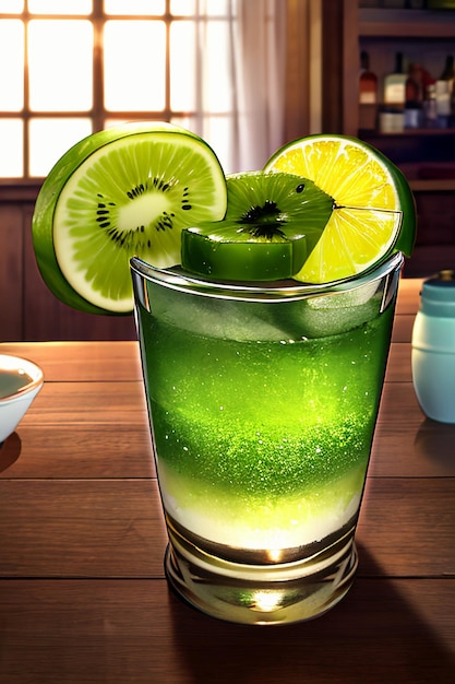 Een glas heerlijke groene kiwi fruit drank op de keukentafel