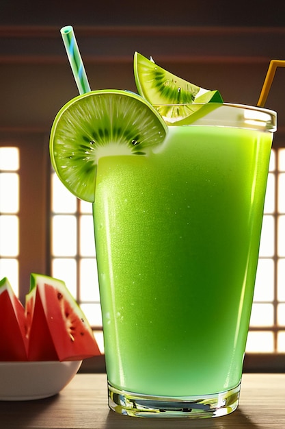 Een glas heerlijke groene kiwi fruit drank op de keukentafel