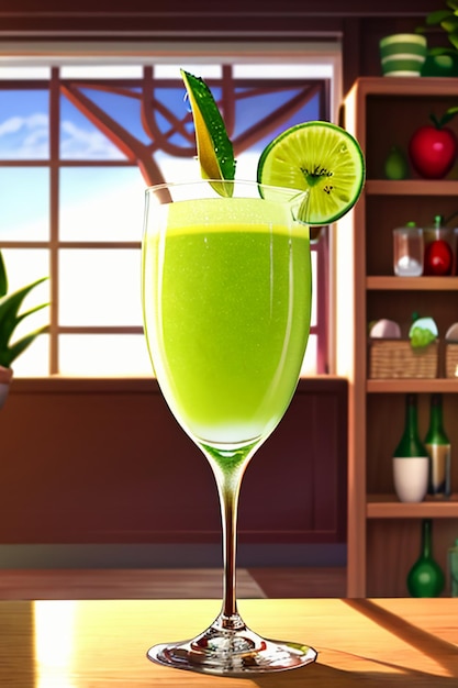 Een glas heerlijke groene kiwi fruit drank op de keukentafel