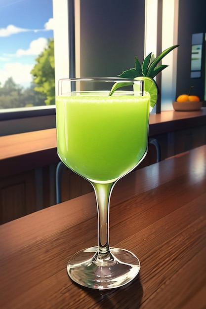 Een glas heerlijke groene kiwi-fruitdrank op de keukentafel