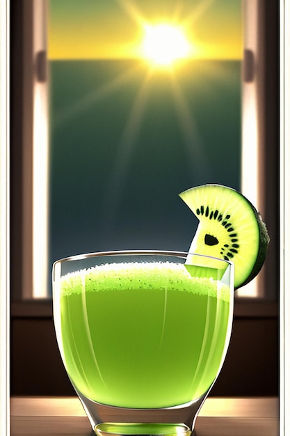 Foto een glas heerlijke groene kiwi-fruitdrank op de keukentafel