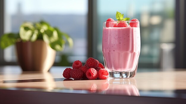 Een glas heerlijke milkshake met frambozen op een tafel binnen.