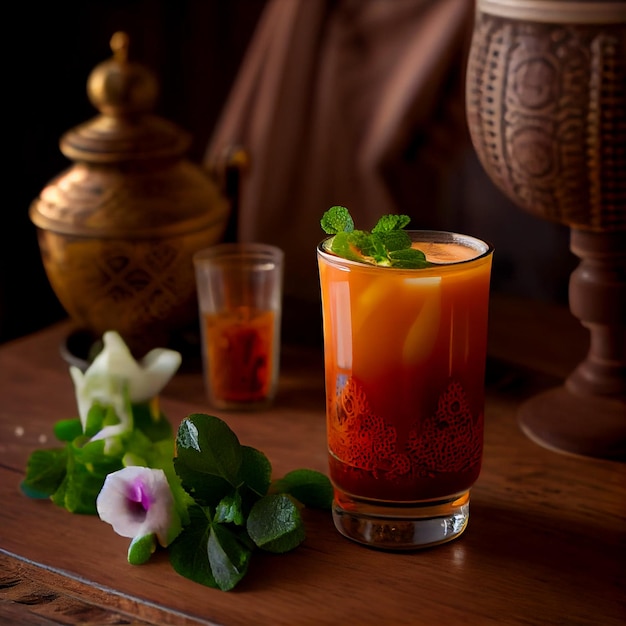 Foto een glas ice thai tea met een bloem aan de zijkant.