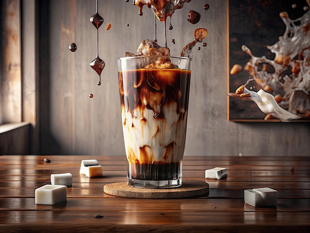 een glas ijs thee is gevuld met chocolade en marshmallows