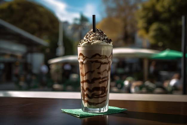 Een glas ijskoffie met chocoladesiroop en een zwart rietje op een groene onderzetter.