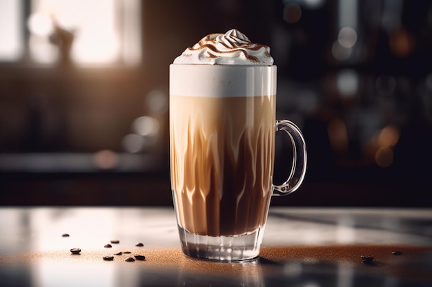 Een glas ijskoffie met koffiebonen op tafel.