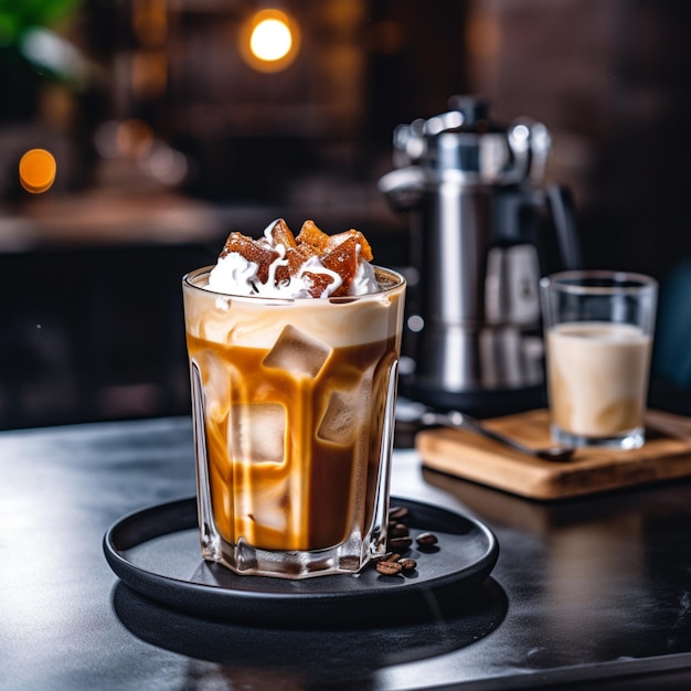 Een glas ijskoffie staat op een zwarte tafel met een koffiepot en een koffiepot op de achtergrond.