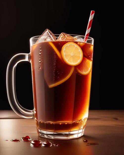 Een glas ijsthee met een rood en wit gestreept rietje staat op een houten tafel.