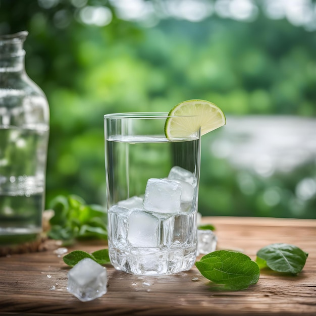 een glas ijswater en een stukje limoen op een houten tafel