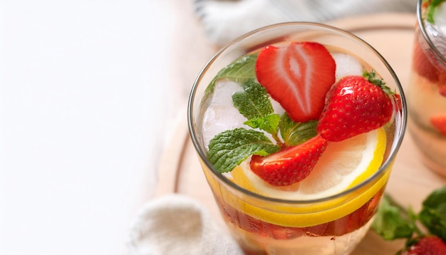 een glas ijswater met aardbeien en muntbladeren