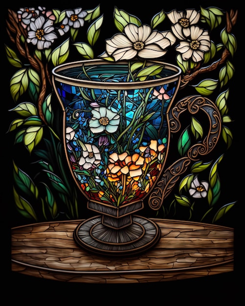 Foto een glas in lood beker met bloemen en bladeren op de achtergrond.