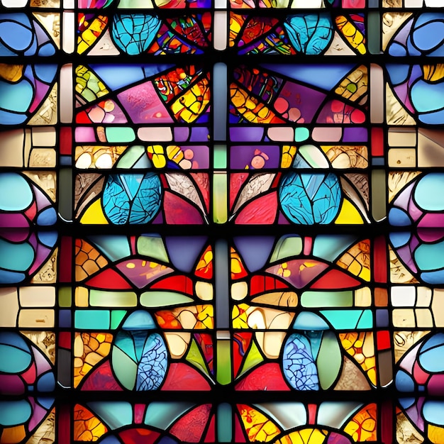 Een glas-in-loodvenster met kleurrijke vormen en patronen 3