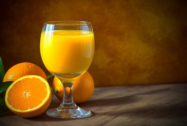 Een glas jus d'orange en sinaasappelen op lichte stenen achtergrond Frisse zomerse sinaasappellimonade