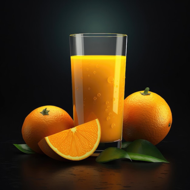 Een glas jus d'orange met drie sinaasappels op tafel.