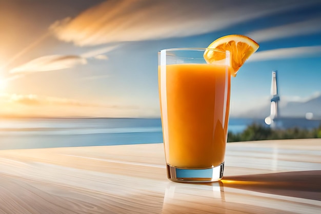 Een glas jus d'orange met een fles jus d'orange op tafel.