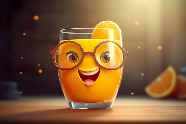 Foto een glas jus d'orange met een lachend gezicht en een bril.