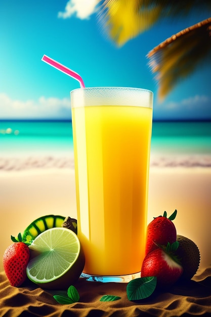 Een glas jus d'orange met rietjes en rietjes op het strand