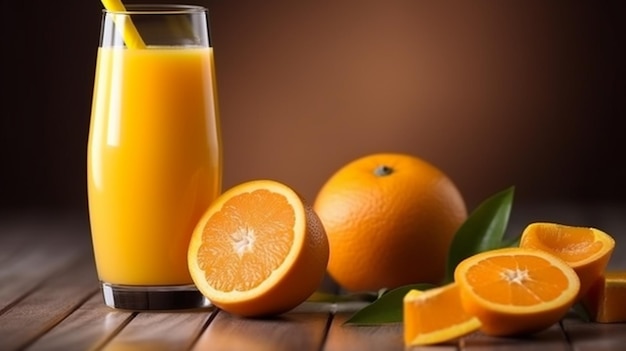 Een glas jus d'orange met sinaasappels op tafel.
