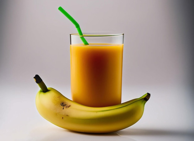 Een glas jus d'orange naast een banaan.