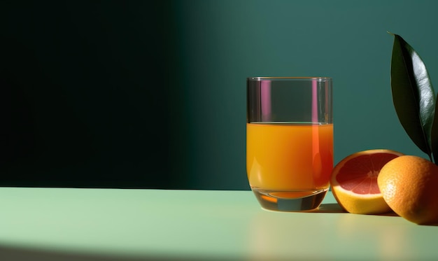 Een glas jus d'orange naast een rode appel.