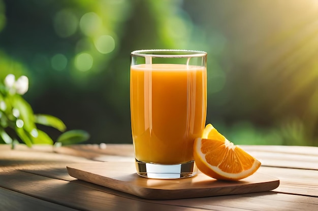 een glas jus d'orange op een houten bord