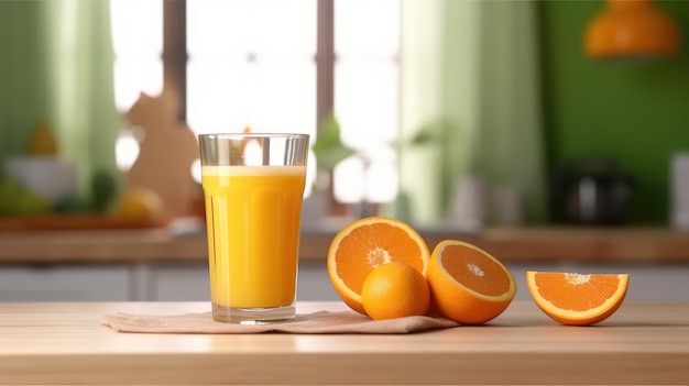 Een glas jus d'orange staat op een aanrecht naast een stapel sinaasappels.