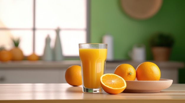 Een glas jus d'orange staat op een tafel naast een kom sinaasappels.