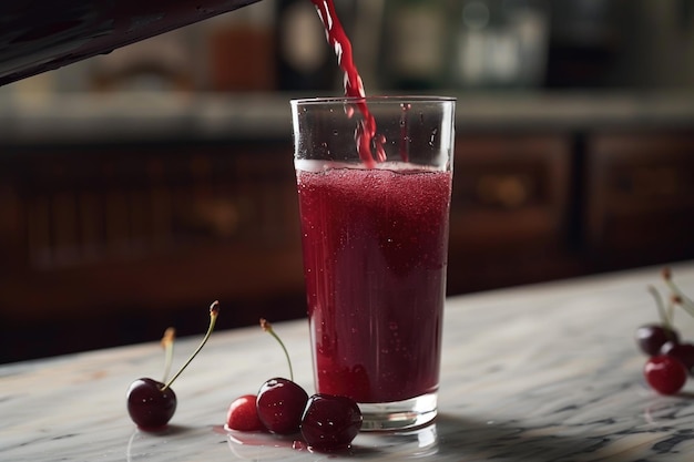 Een glas kersensap wordt voorzichtig in een ander glas gegoten waardoor een cascade van rijke rode vloeistof met een serene achtergrond ontstaat