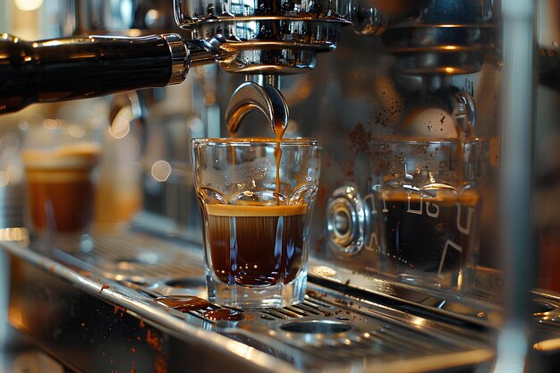 Een glas koffie dat wordt gevuld met vloeistof van een koffiemachine met espresso-machines in de
