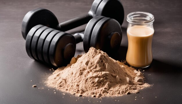 Foto een glas koffie en een dumbbell op een tafel.