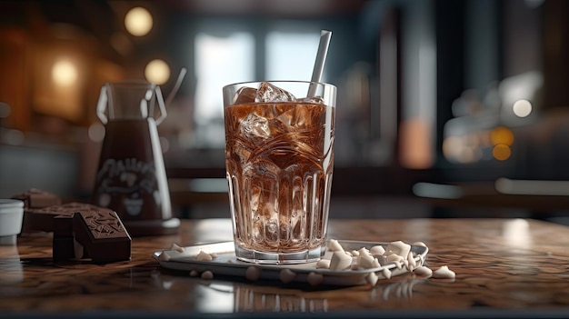 Een glas koffie met een rietje erin staat op een tafel met een glas ijs.