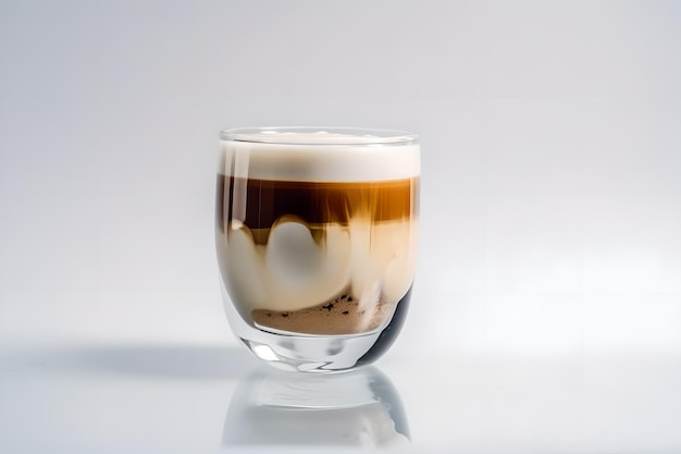 Een glas koffie met een witte achtergrond en het woord koffie erop.